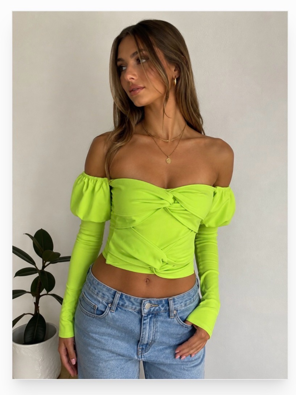 Boohoo Neon Lime Off-Shoulder Twist Long Sleeve Crop Top